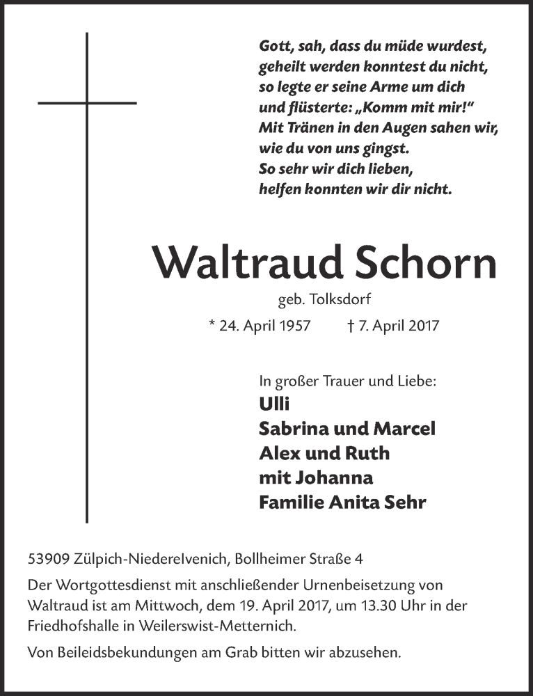  Traueranzeige für Waltraud Schorn vom 15.04.2017 aus  Blickpunkt Euskirchen 