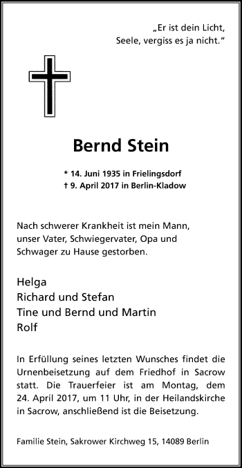 Anzeige von Bernd Stein von Kölner Stadt-Anzeiger / Kölnische Rundschau / Express