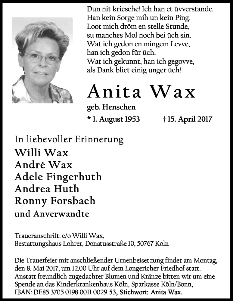  Traueranzeige für Anita Wax vom 26.04.2017 aus Kölner Stadt-Anzeiger / Kölnische Rundschau / Express