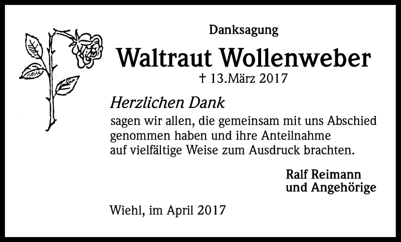  Traueranzeige für Waltraut Wollenweber vom 22.04.2017 aus Kölner Stadt-Anzeiger / Kölnische Rundschau / Express