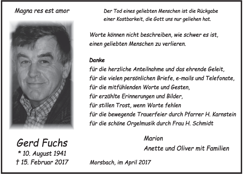  Traueranzeige für Gerd Fuchs vom 12.04.2017 aus  Lokalanzeiger 