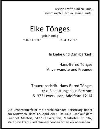 Anzeige von Elke Tönges von Kölner Stadt-Anzeiger / Kölnische Rundschau / Express