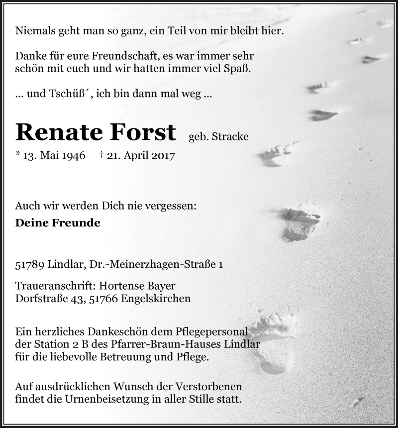  Traueranzeige für Renate Forst vom 26.04.2017 aus  Anzeigen Echo 
