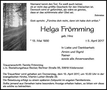 Anzeige von Helga Frömming von Kölner Stadt-Anzeiger / Kölnische Rundschau / Express