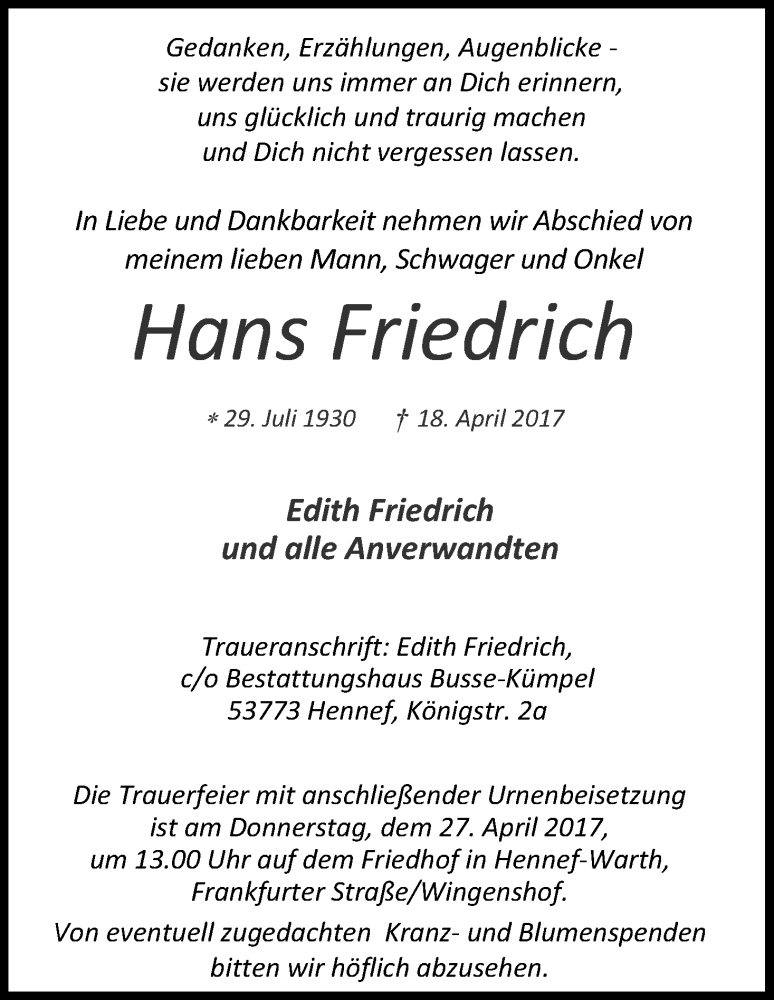  Traueranzeige für Hans Friedrich vom 22.04.2017 aus Kölner Stadt-Anzeiger / Kölnische Rundschau / Express