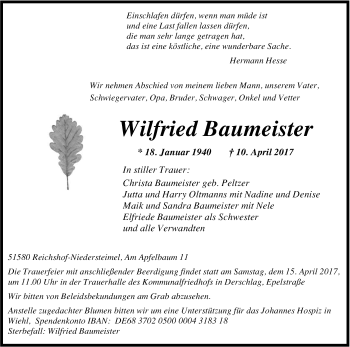 Anzeige von Wilfried Baumeister von Kölner Stadt-Anzeiger / Kölnische Rundschau / Express
