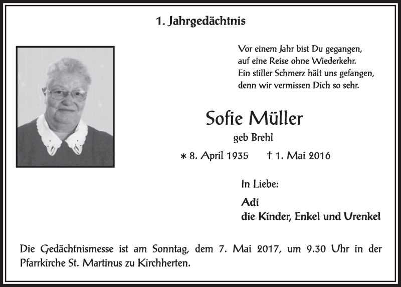  Traueranzeige für Sofie Müller vom 29.04.2017 aus  Sonntags-Post 