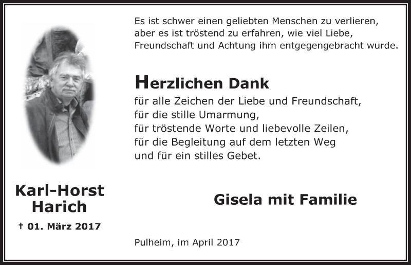  Traueranzeige für Karl-Horst Harich vom 19.04.2017 aus  Wochenende 