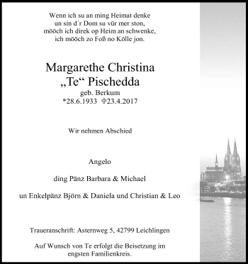 Anzeige von Margarethe Christina Pischedda von Kölner Stadt-Anzeiger / Kölnische Rundschau / Express