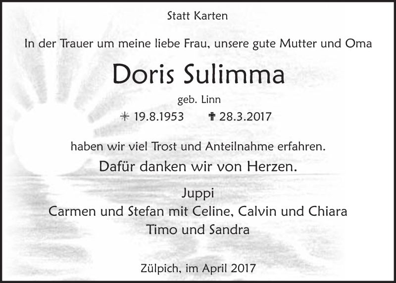  Traueranzeige für Doris Sulimma vom 29.04.2017 aus  Blickpunkt Euskirchen 
