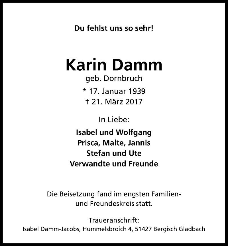  Traueranzeige für Karin Damm vom 01.04.2017 aus Kölner Stadt-Anzeiger / Kölnische Rundschau / Express