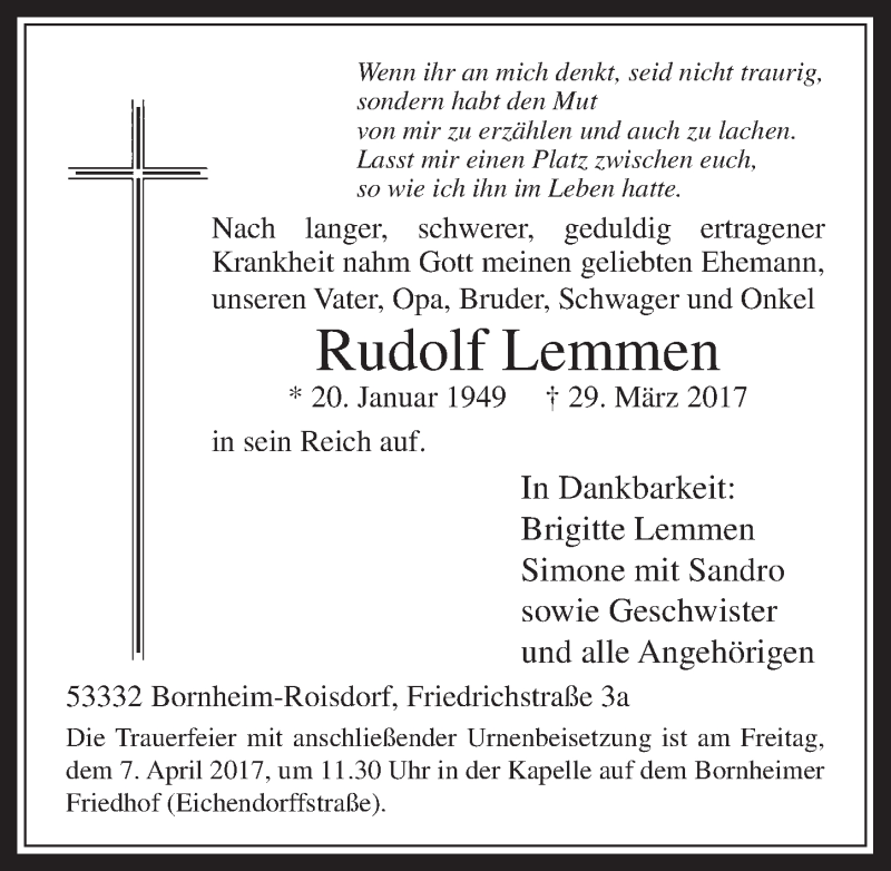  Traueranzeige für Rudolf Lemmen vom 05.04.2017 aus  Schaufenster/Blickpunkt 