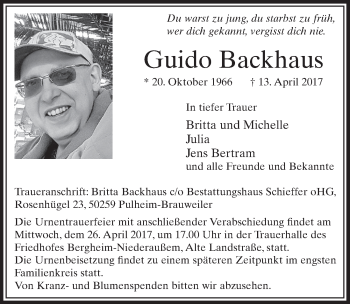 Anzeige von Guido Backhaus von  Sonntags-Post 