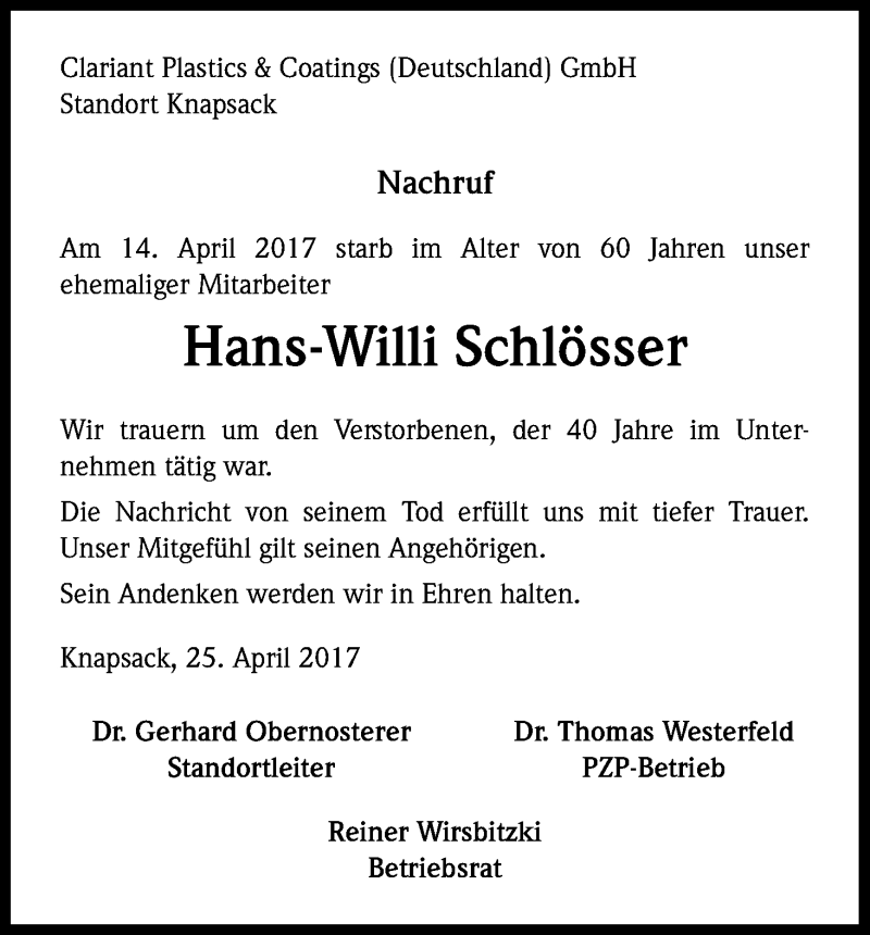  Traueranzeige für Hans-Willi Schlösser vom 29.04.2017 aus Kölner Stadt-Anzeiger / Kölnische Rundschau / Express