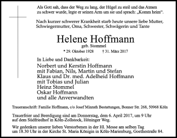 Anzeige von Helene Hoffmann von Kölner Stadt-Anzeiger / Kölnische Rundschau / Express