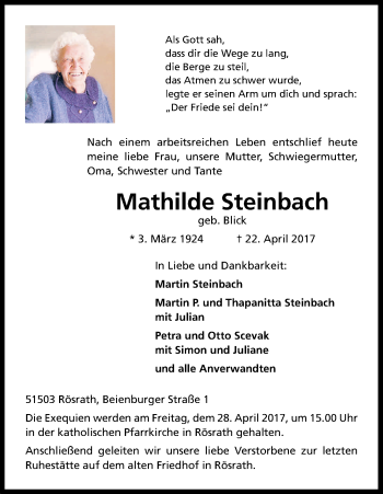 Anzeige von Mathilde Steinbach von Kölner Stadt-Anzeiger / Kölnische Rundschau / Express