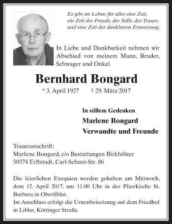 Anzeige von Bernhard Bongard von  Sonntags-Post 