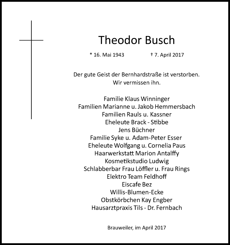  Traueranzeige für Theodor Busch vom 15.04.2017 aus Kölner Stadt-Anzeiger / Kölnische Rundschau / Express