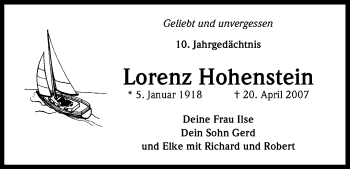 Anzeige von Lorenz Hohenstein von Kölner Stadt-Anzeiger / Kölnische Rundschau / Express