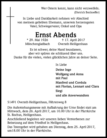 Anzeige von Ernst Abends von Kölner Stadt-Anzeiger / Kölnische Rundschau / Express