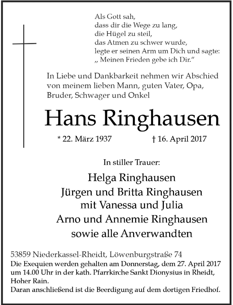  Traueranzeige für Hans Ringhausen vom 22.04.2017 aus  Rhein-Sieg-Wochenende 