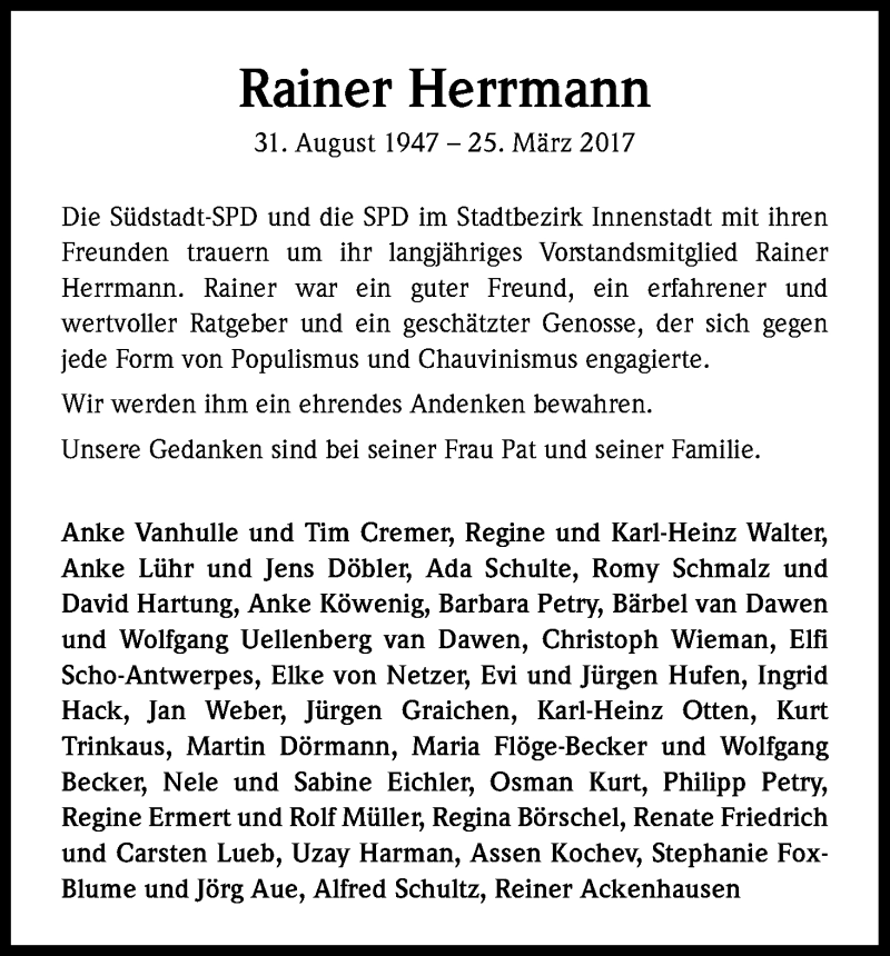  Traueranzeige für Rainer Herrmann vom 01.04.2017 aus Kölner Stadt-Anzeiger / Kölnische Rundschau / Express
