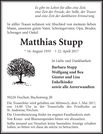 Anzeige von Matthias Stupp von  Sonntags-Post 