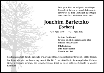 Anzeige von Joachim Bartetzko von Kölner Stadt-Anzeiger / Kölnische Rundschau / Express