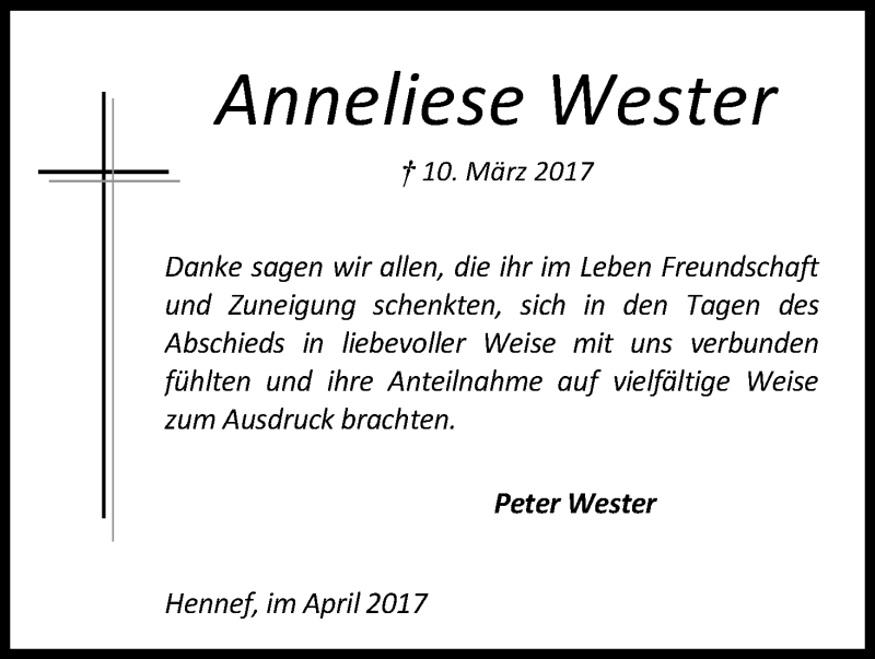  Traueranzeige für Anneliese Wester vom 12.04.2017 aus Kölner Stadt-Anzeiger / Kölnische Rundschau / Express