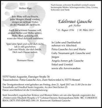 Anzeige von Edeltraut Gausche von Kölner Stadt-Anzeiger / Kölnische Rundschau / Express