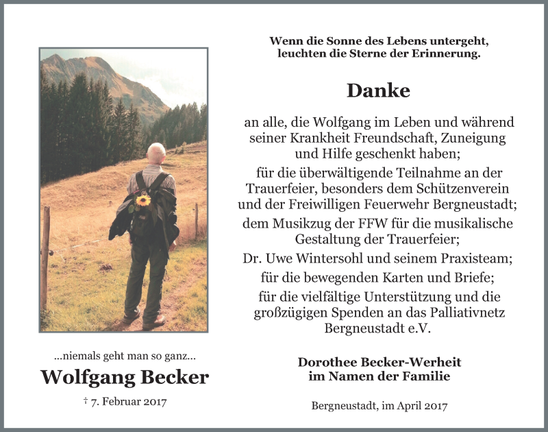  Traueranzeige für Wolfgang Becker vom 05.04.2017 aus  Anzeigen Echo 