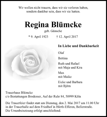 Anzeige von Regina Blümcke von  Wochenende 