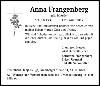 Anzeige von Anna Frangenberg von Kölner Stadt-Anzeiger / Kölnische Rundschau / Express