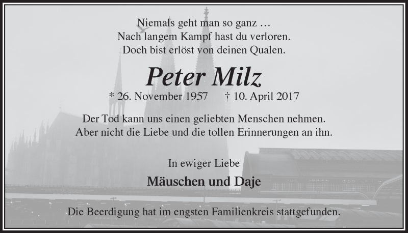  Traueranzeige für Peter Milz vom 26.04.2017 aus  Lokalanzeiger 