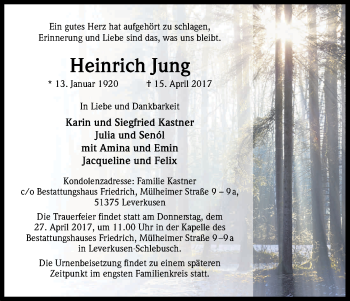 Anzeige von Heinrich Jung von Kölner Stadt-Anzeiger / Kölnische Rundschau / Express