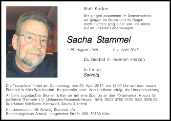 Anzeige von Sacha Stammel von Kölner Stadt-Anzeiger / Kölnische Rundschau / Express