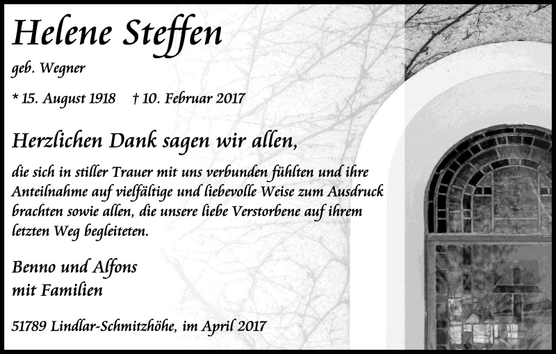  Traueranzeige für Helene Steffen vom 01.04.2017 aus Kölner Stadt-Anzeiger / Kölnische Rundschau / Express