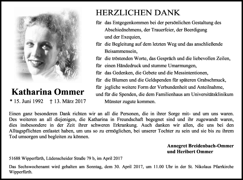  Traueranzeige für Katharina Ommer vom 22.04.2017 aus Kölner Stadt-Anzeiger / Kölnische Rundschau / Express