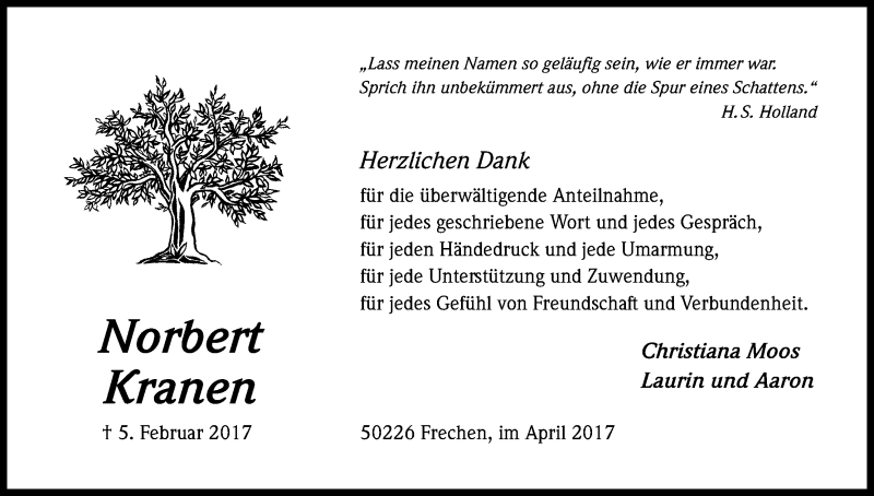  Traueranzeige für Norbert Kranen vom 12.04.2017 aus Kölner Stadt-Anzeiger / Kölnische Rundschau / Express