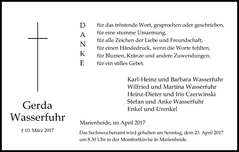  Traueranzeige für Gerda Wasserfuhr vom 21.04.2017 aus Kölner Stadt-Anzeiger / Kölnische Rundschau / Express