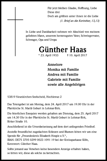Anzeige von Günther Haas von Kölner Stadt-Anzeiger / Kölnische Rundschau / Express