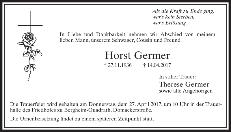  Traueranzeige für Horst Germer vom 22.04.2017 aus  Sonntags-Post 