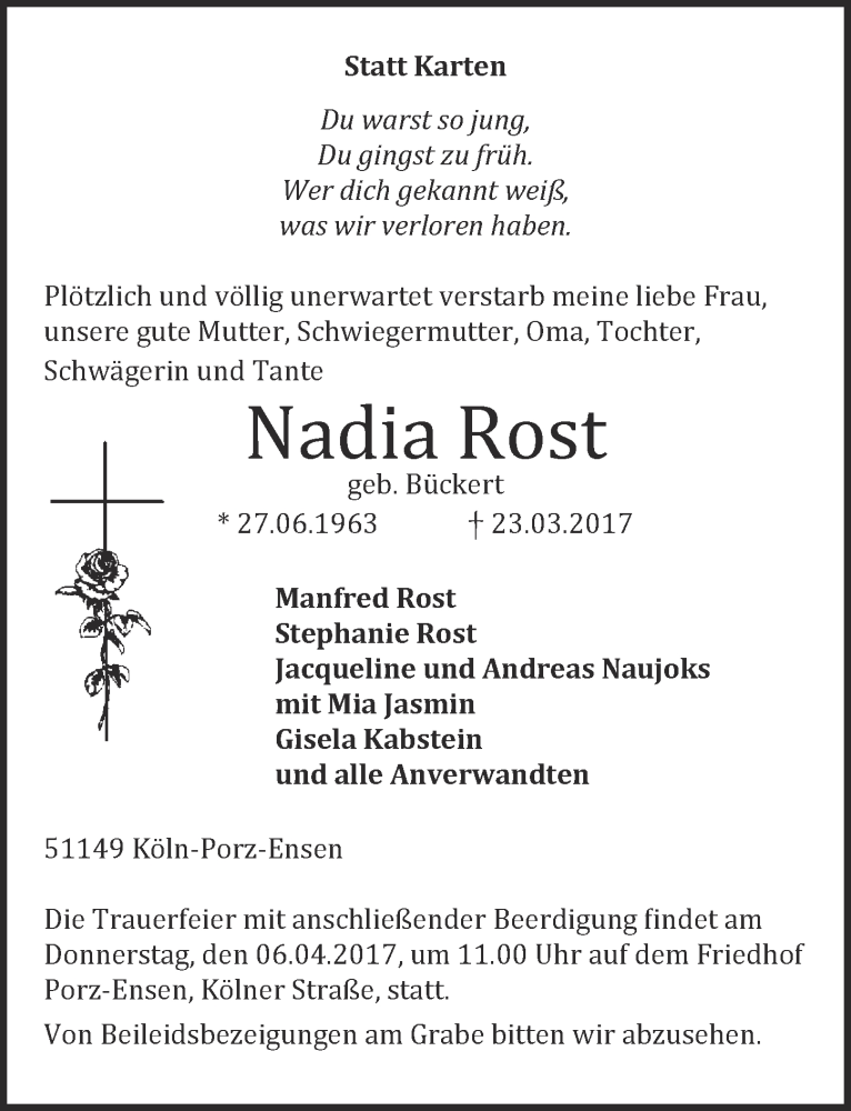  Traueranzeige für Nadia Rost vom 05.04.2017 aus  Kölner Wochenspiegel 
