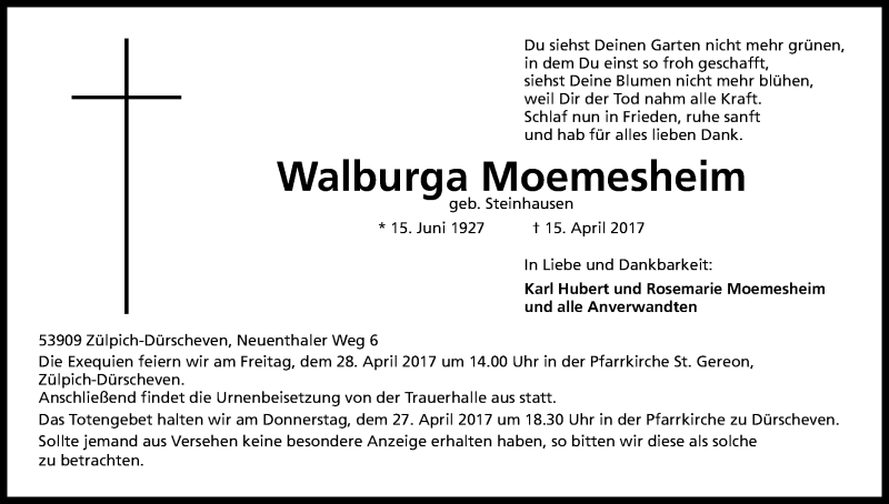  Traueranzeige für Walburga Moemesheim vom 22.04.2017 aus Kölner Stadt-Anzeiger / Kölnische Rundschau / Express