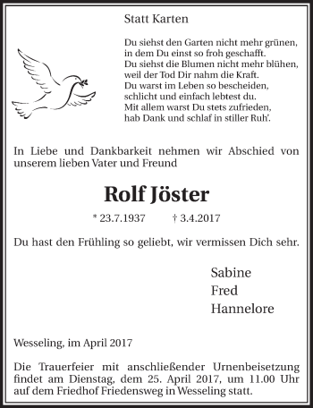 Anzeige von Rolf Jöster von  Schlossbote/Werbekurier 