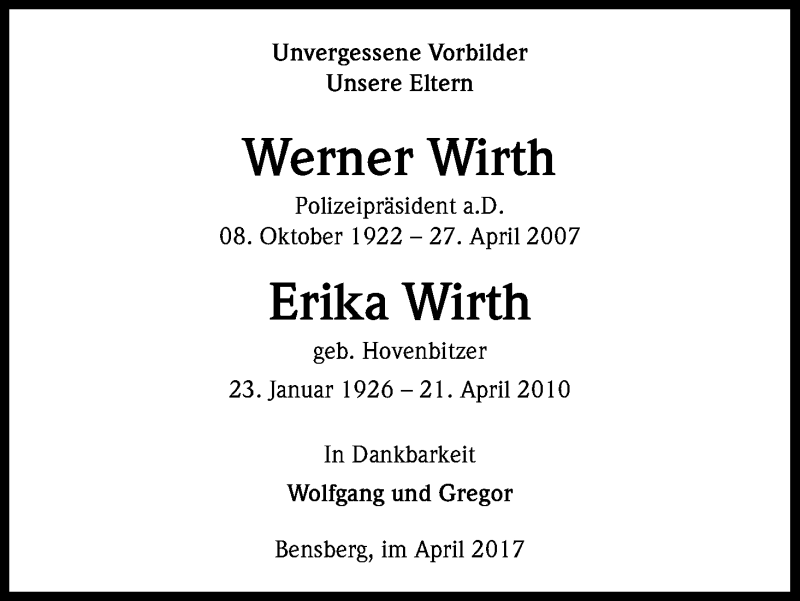  Traueranzeige für Werner und Erika Wirth vom 22.04.2017 aus Kölner Stadt-Anzeiger / Kölnische Rundschau / Express