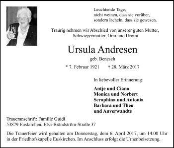 Anzeige von Ursula Andresen von Kölner Stadt-Anzeiger / Kölnische Rundschau / Express