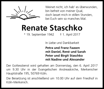 Anzeige von Renate Staschko von Kölner Stadt-Anzeiger / Kölnische Rundschau / Express