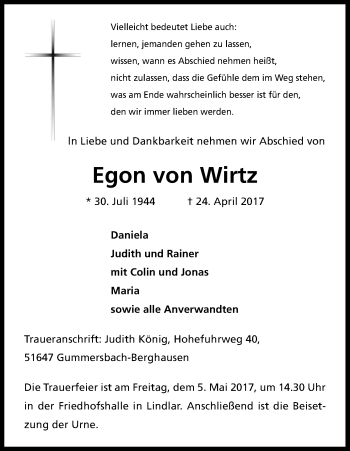 Anzeige von Egon von Wirths von Kölner Stadt-Anzeiger / Kölnische Rundschau / Express