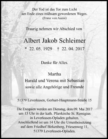 Anzeige von Albert Jakob Schleimer von Kölner Stadt-Anzeiger / Kölnische Rundschau / Express